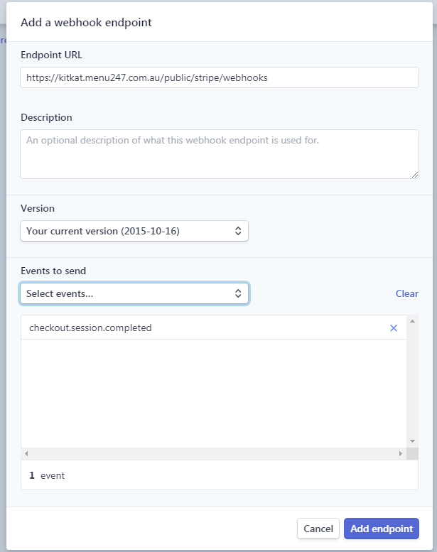 Menu247 Stripe Config - Endpoint